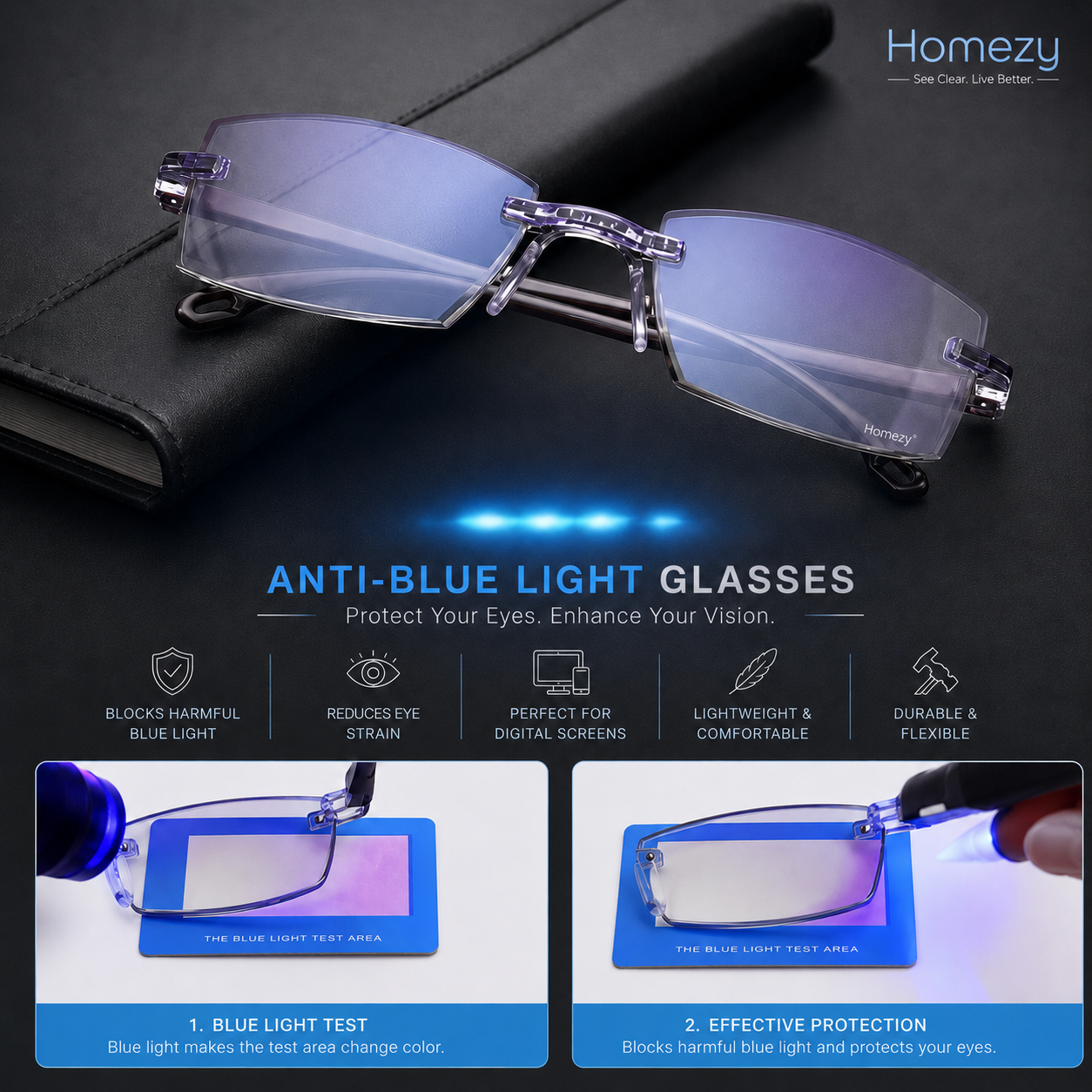 Homezy Anti-Blue Light Rimless Glasses – Lightweight, Foldable & Comfortable Eyewear for Digital Screen Use BUY 1 GET 1 FREE