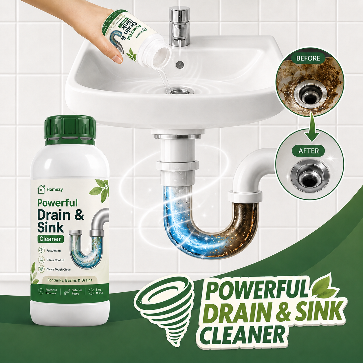 Homezy Powerful Drain & Sink Cleaner – Fast Acting Clog Remover for Kitchen, Bathroom, Toilet & Pipes– Pack of 4