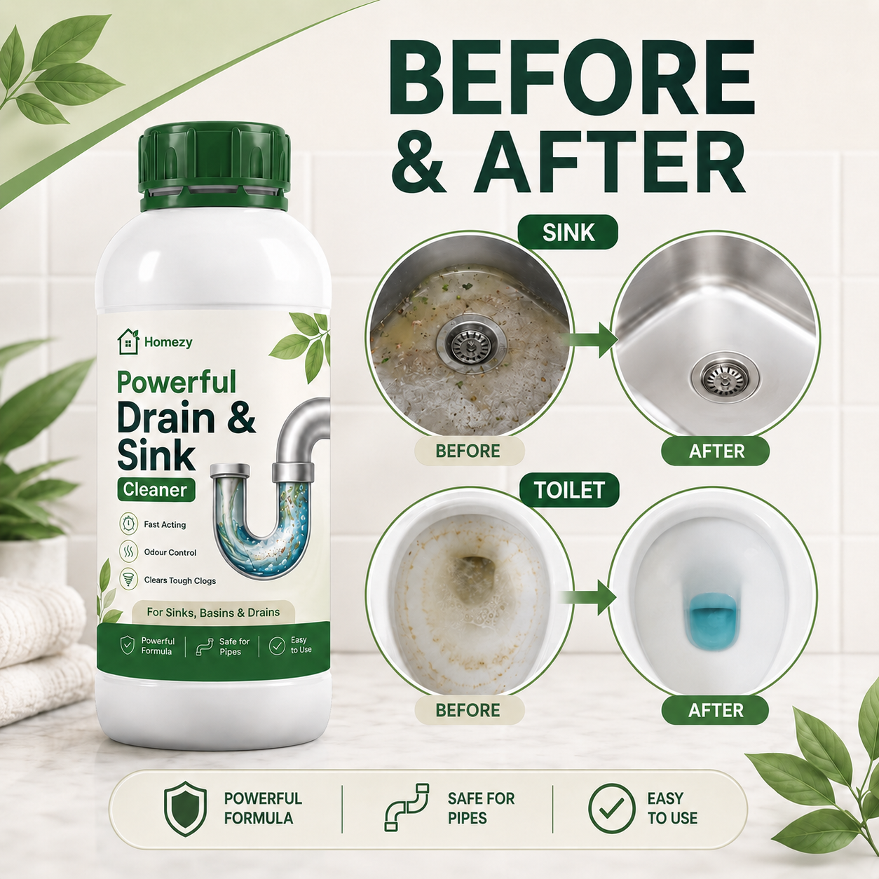 Homezy Powerful Drain & Sink Cleaner – Fast Acting Clog Remover for Kitchen, Bathroom, Toilet & Pipes– Pack of 4